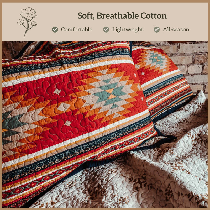 Del Sol Red/Orange/Tan Aztec Print Cotton Southwestern Style Reversible Quilt Set, Twin Quilt + 1 Sham