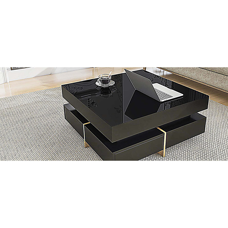 Table basse moderne avec 4 tiroirs, table centrale carrée multi-rangement avec pieds en bois, Noir et or