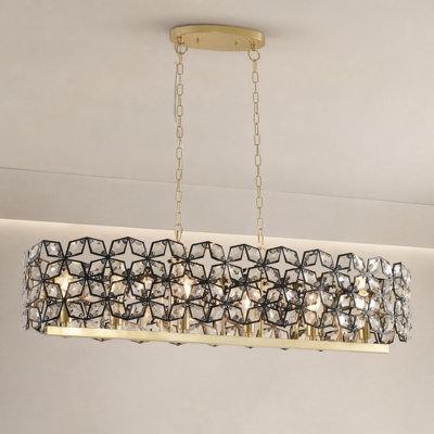 39" 6-Light Black and Gold Rectangle Crystal Chandelier, Linear Pendant Light
