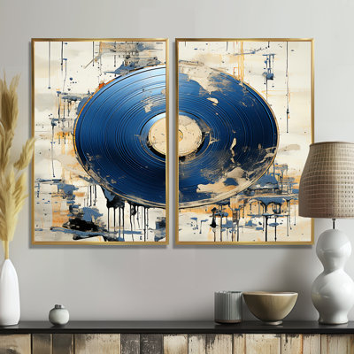 White And Blue Vinyl Record Melody - Gold Modern Art Prints On Canvas