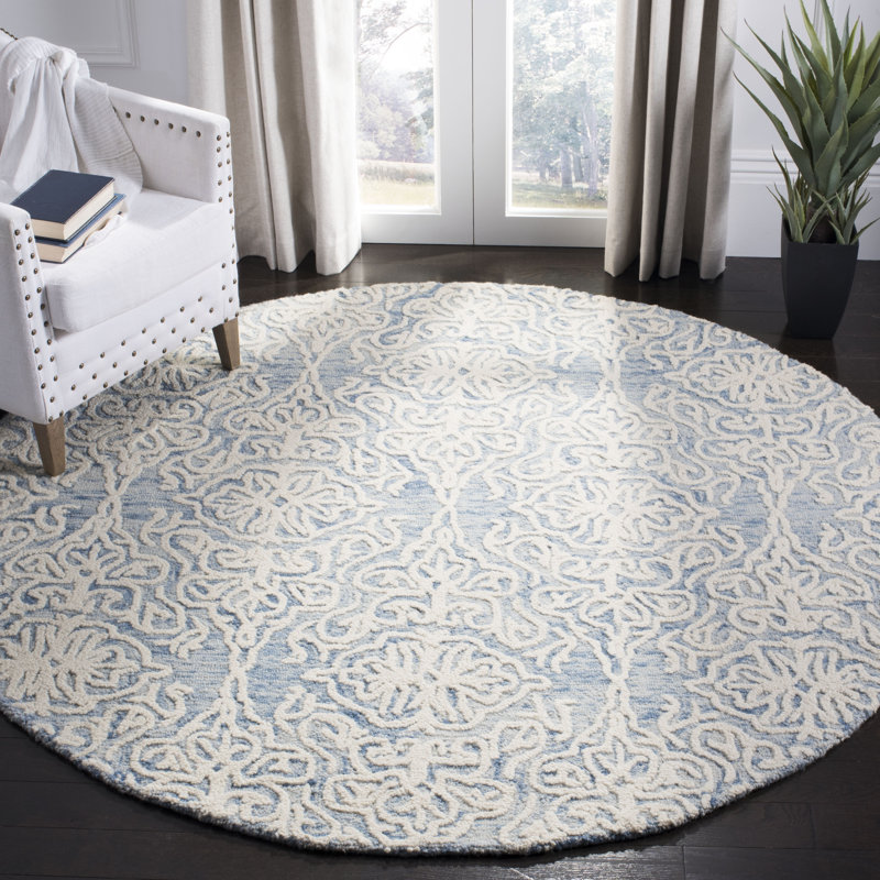 Davyan Handmade Tufted Wool Blue/Ivory Area Rug, Round 4'