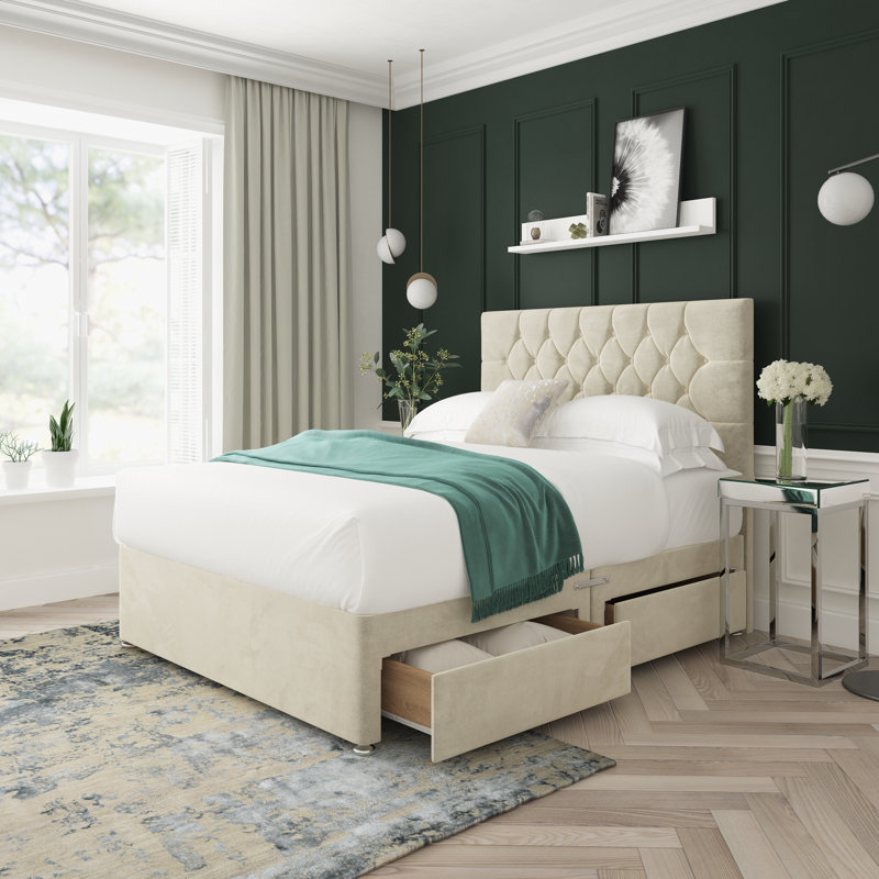 Upholstered Divan Bed, Small Double (4'), Cream, 4 Drawers