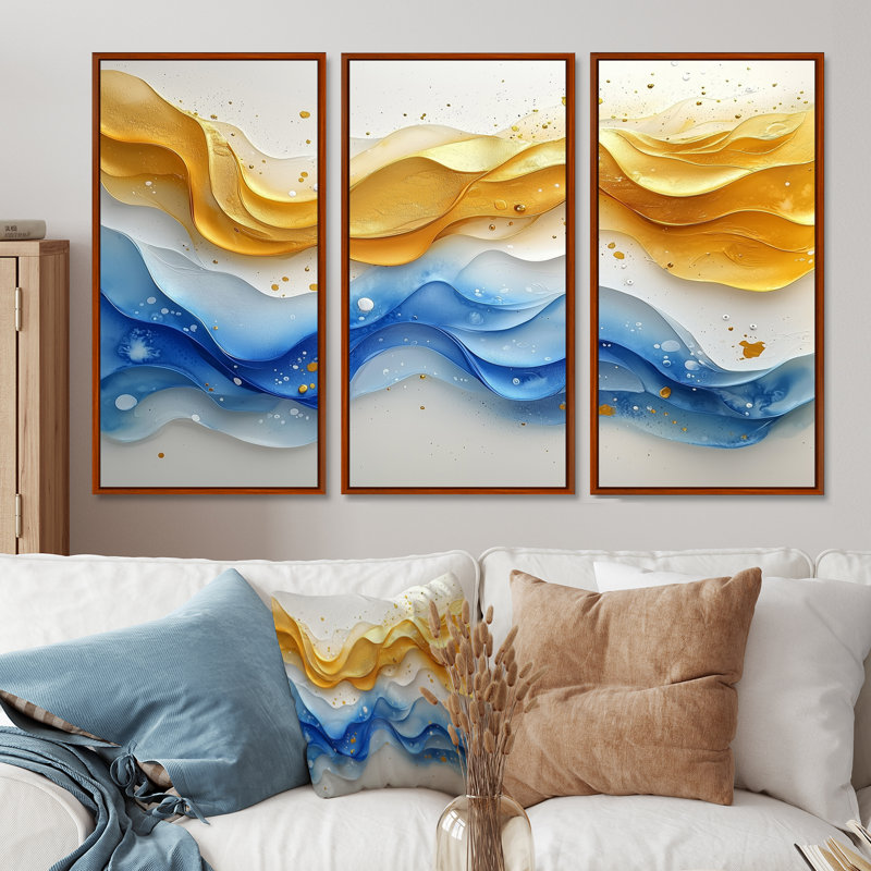 «Blue Yellow Dream Lines I», art mural vagues pour le salon, ensemble de 3, H 40 po x l 60 po, Brun