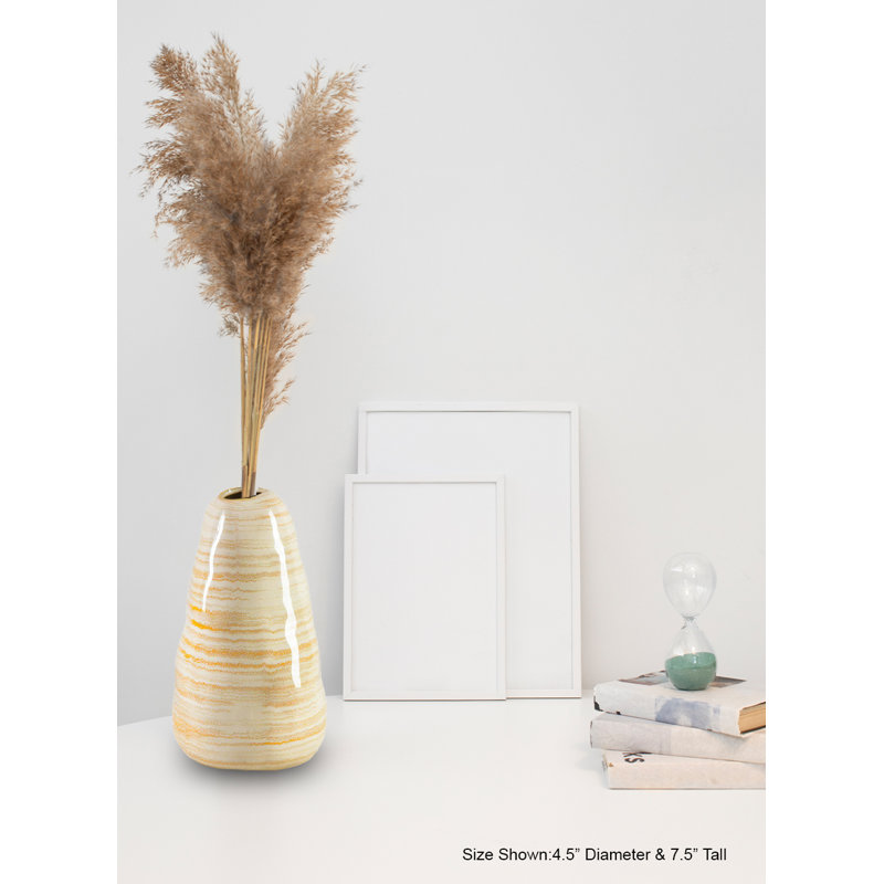 Hubbs Striped Ceramic Vase - Handcrafted Beige & Golden Decorative Vase For Flowers, Dried Botanicals, Or Standalone Home Décor, 4.5" Diameter & 7.5" Tall, Pack Of 12
