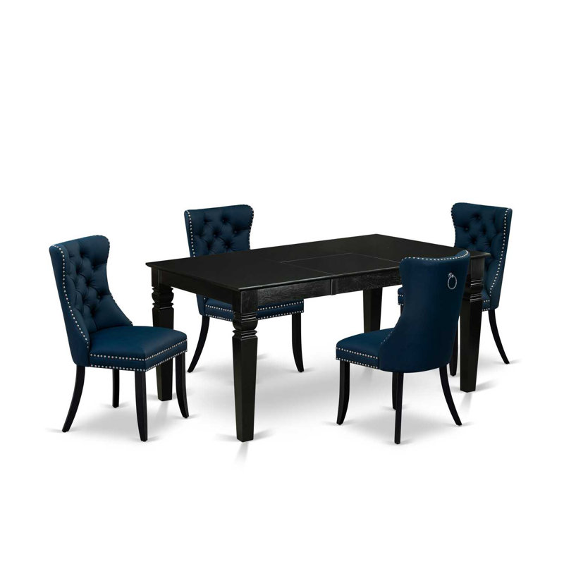 Ensemble de table de salle à manger 5 pièces composé d'une table rectangulaire en bois avec feuille papillon et 4 chaises rembourrées en polyester, noir