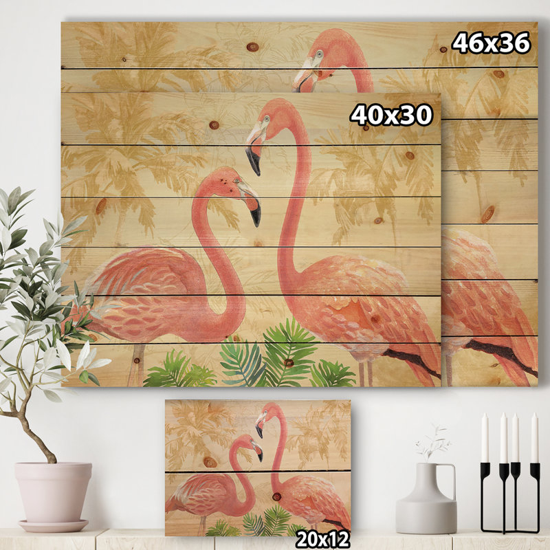 « glam flamant roses », impression sur bois, H 30 po x l 40 po x P 1,5 po