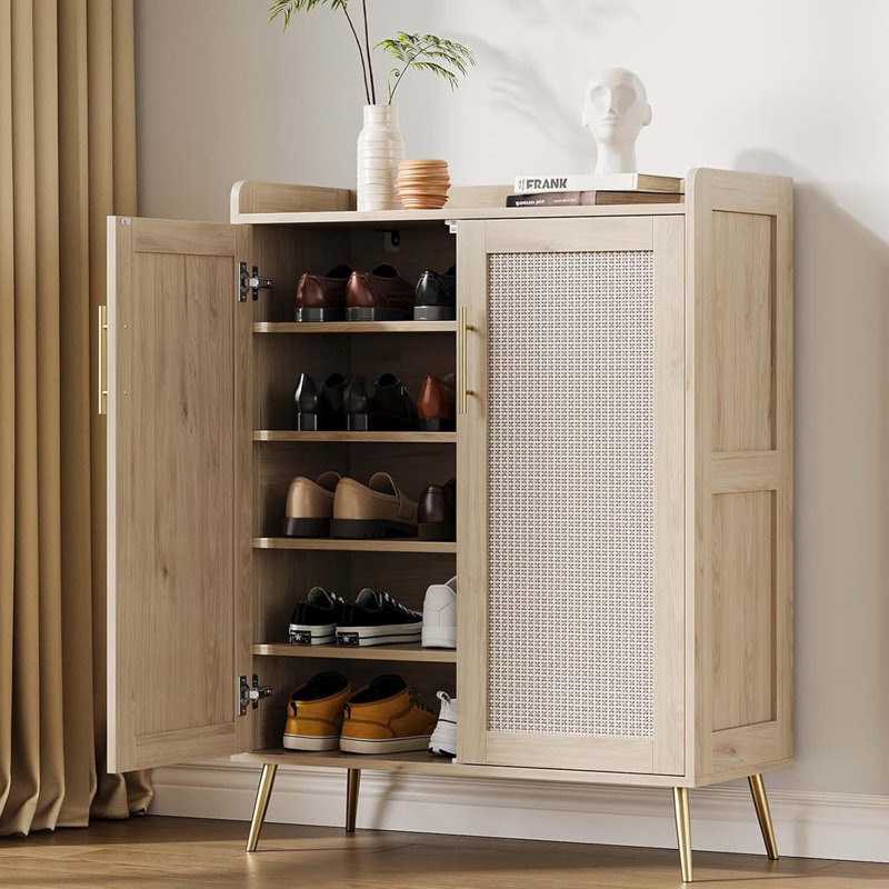 Range-chaussures à 6 niveaux en rotin avec portes, Bois naturel