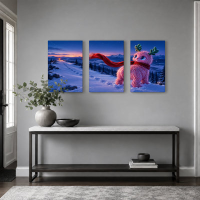 " Pink Furry Creature With Red Scarf In Christmas " 3 - Pieces