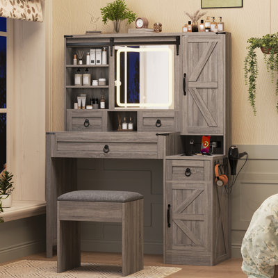 LED Storage Sliding Mirror Vanity Desk With Stool And Charging Station