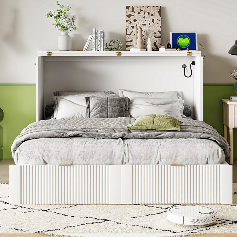 Lit escamotable innovant avec tiroir, prises et ports USB, structure de poulie pour un espace de vie confortable, Blanc