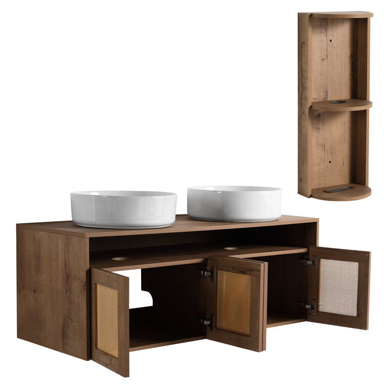 Meuble-lavabo 48 po avec 2 lavabos en céramique, support de rangement mural, 4 portes à fermeture en douceur, fixation flottante, structure en contreplaqué, esthétique moderne, rangement imitation chêne, base, minimaliste