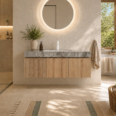 Meuble-lavabo mural Alba 48 po avec lavabo, armoire suspendue en chêne blanc avec tiroir et portes, comptoir en pierre frittée gris pâle, préassemblé