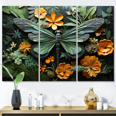 " Green Dragonfly Insects Flight Pastoral " 3 - Pieces