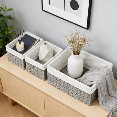 Hand-Woven Wicker Storage Baskets Set Of 3 With Handles, Decorative And Stackable Organizing Bins For Bathroom, Shelves, Closet, And Home Decor