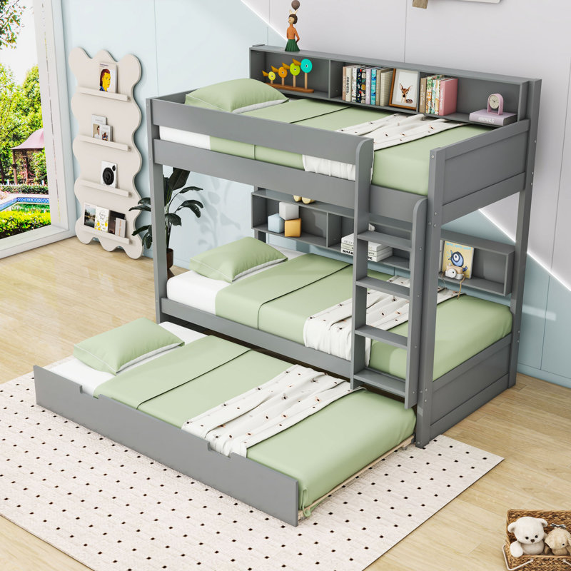 Lit superposé en bois avec lit gigogne simple et tablettes, Simple sur simple, Gris