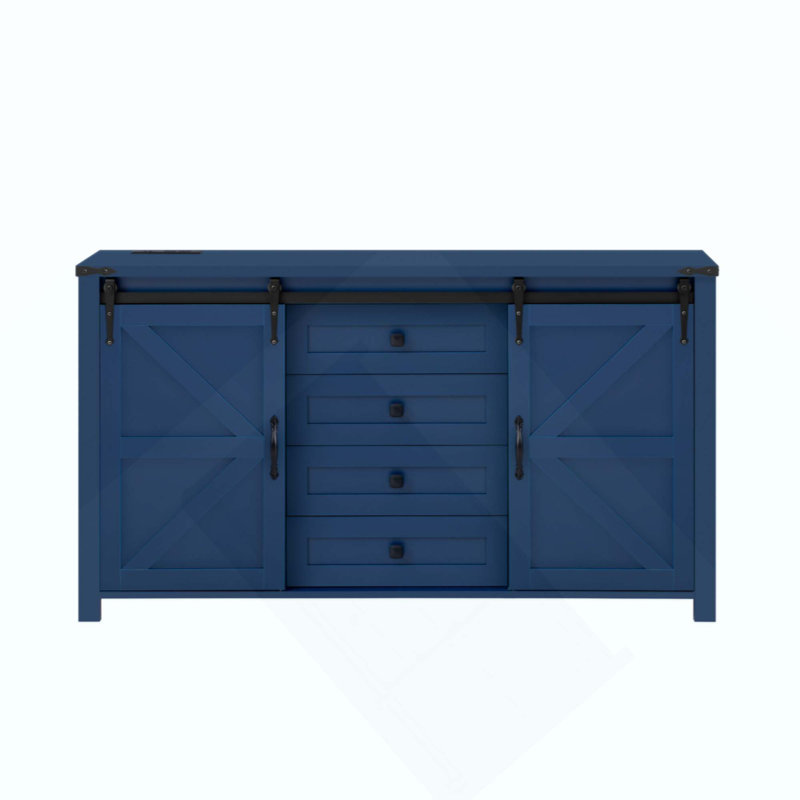 55.1-Inch Sideboard With Storage,Farmhouse Storage Cabinet With Sliding Barn Doors And 4 Drawers, Wood Buffet Table With Power Outlet