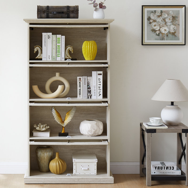 Vitrine 4 couches avec porte en verre rabattable, Blanc antique