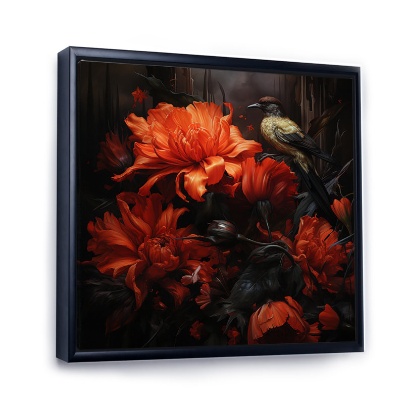 Bluejaybirds modernes sur fleur sur toile, H 36 po x l 36 po x P 1,5 po, Cadre flottant noir