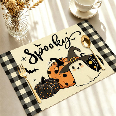 Halloween Placemats Set of 4 - Heat-Resistant Table Mats, for Indoor & Outdoor Dining,Black Orange Spooky Hat