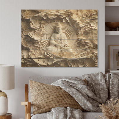 Statue simple de bouddhisme simple I - Art mural en bois sur bois de pin naturel