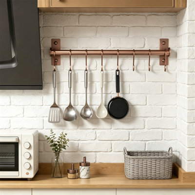 Wall Mounted Kitchen Utensil Rail with 8 Hooks, Antique Copper Pot and Pan Rack for Spoons, Mugs