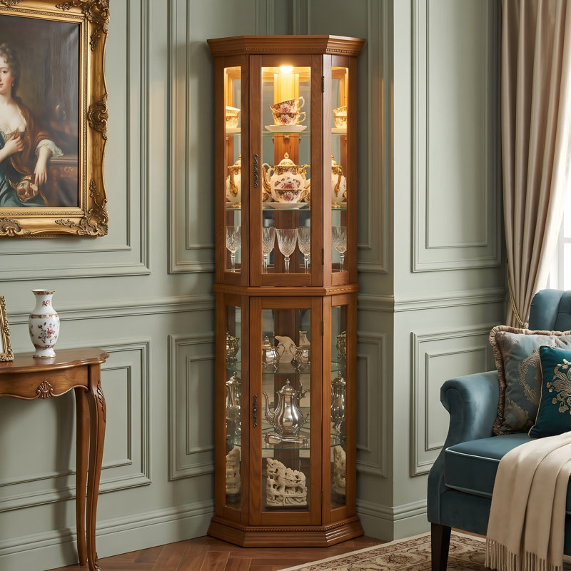 Vitrine de coin en chêne avec éclairage, Chêne