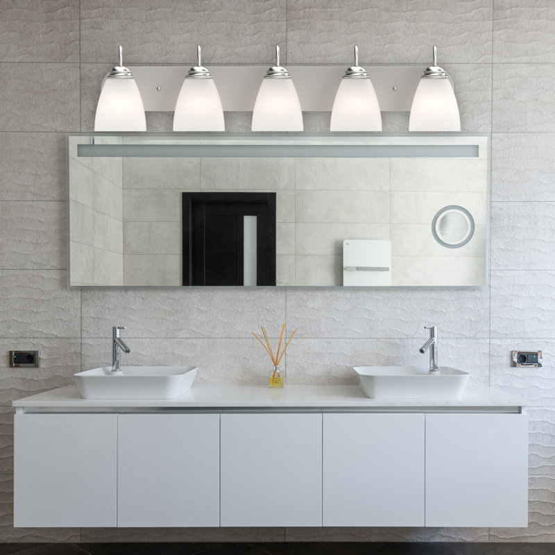 Brushed Nickel 5-Light Bathroom Vanity with Frosted Glass Shades