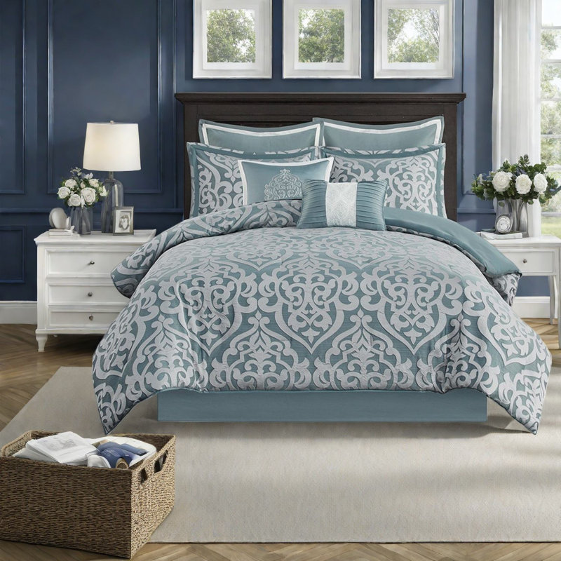 Ensemble de literie luxueux en jacquard turquoise et argenté 8 pièces pour très grand lit