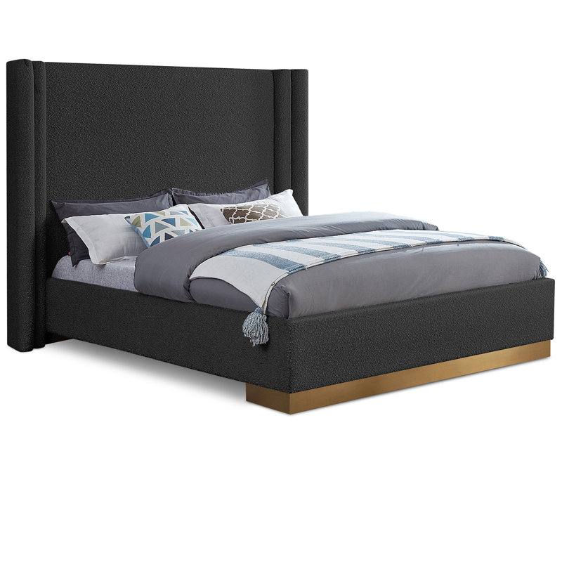 Halton Platform Bed, King, Black Boucle Fabric
