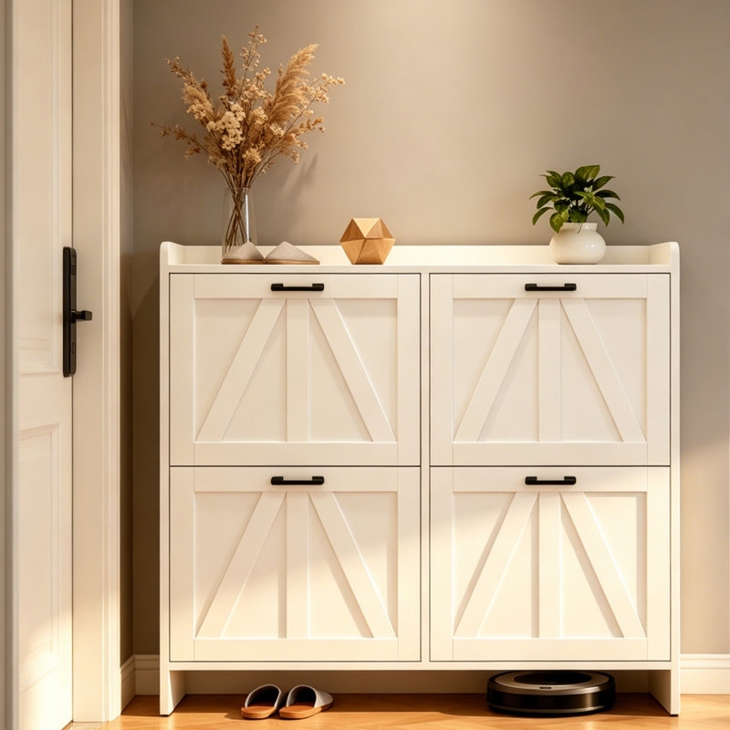 Armoire à chaussures blanche moderne avec rangement mince à 4 niveaux, panneaux de porte et dégagement inférieur pour l'organisation du vestibule ou du salon