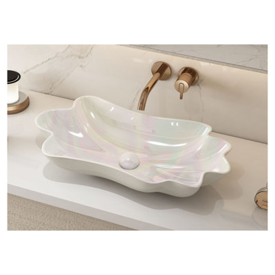 Lavabo de salle de bain unique en forme de fleur de lotus de 24 pouces MEJE, lavabo de meuble-lavabo en céramique en porcelaine au-dessus du comptoir, lavabo d'art (avec drain escamotable inclus)