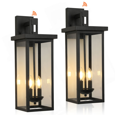 2-Pack 22.0" Outdoor Wall Lantern With Dusk To Dawn Sensor, Matte Black Finish, Clear Glass Panels, Weatherproof Exterior Light For Porch, Patio, Garage, 2-Light Design (Bulb Not Included)