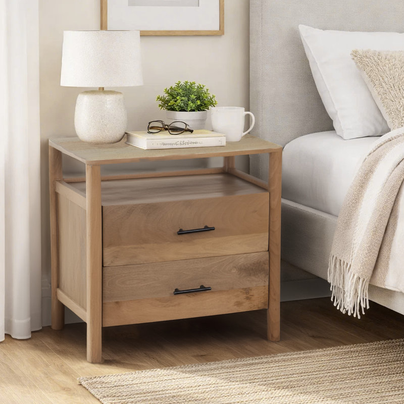 Marites 29 Inch Bedside Nightstand Table, 2 Drawer, Open Shelf, Handcrafted Natural Oak White Mango Wood