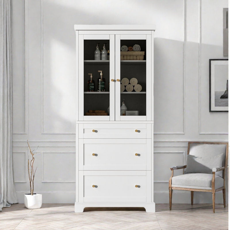Modern High Freestanding Tall Bathroom Cabinet With 2 Adjustable Shelves, 3 Drawers And Soft Close Glass Doors, White