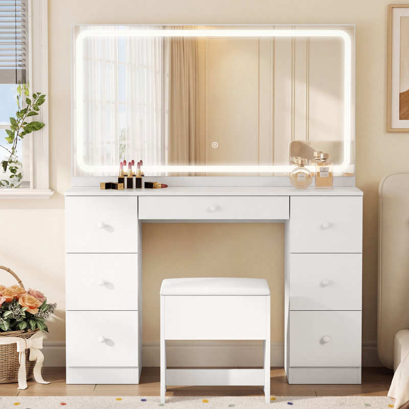 Meuble-lavabo de 46 pouces avec grand miroir à DEL, coiffeuse à maquillage professionnelle avec 7 tiroirs, station de charge et lumières réglables, blanc