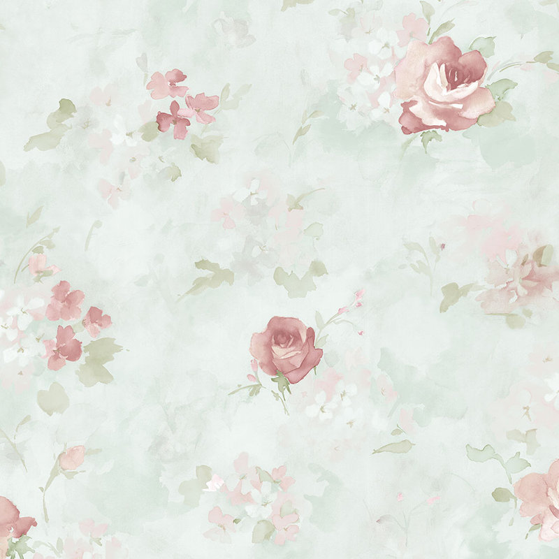 Papier peint aquarelle Waterbury, Vert menthe / crème / rose