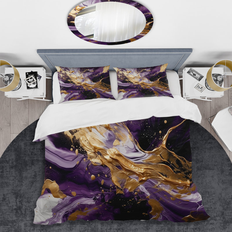 Ensemble de housse de couette en microfibre / polyester mauve et doré, Housse de couette pour très grand lit et 2 très