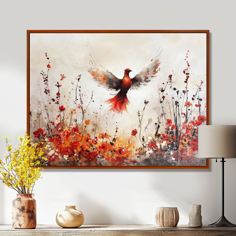 «Bird Phoenix Rising In Adversity», impression d'art mural Phoenix, 24" H x 32" W, Floater Framed Print, Brown