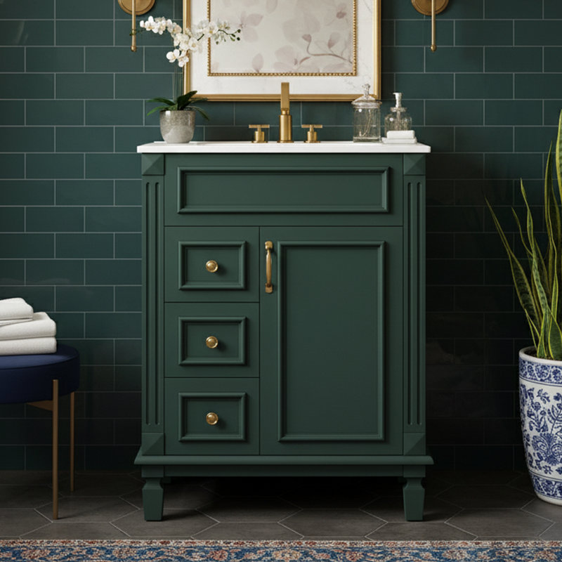  Meuble-lavabo autoportant de style français l 24 po avec lavabo en céramique et portes d'armoire cannelées, vert, Vert