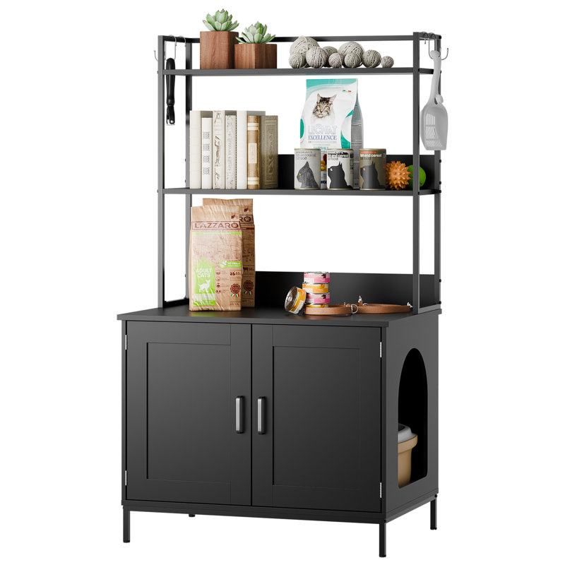 Meuble de 57 po pour litière pour chat - Armoire cachée pour litière avec tablettes, rangement et crochets en S - Toilette pour animaux en bois pour chat, grande maison pour chat
