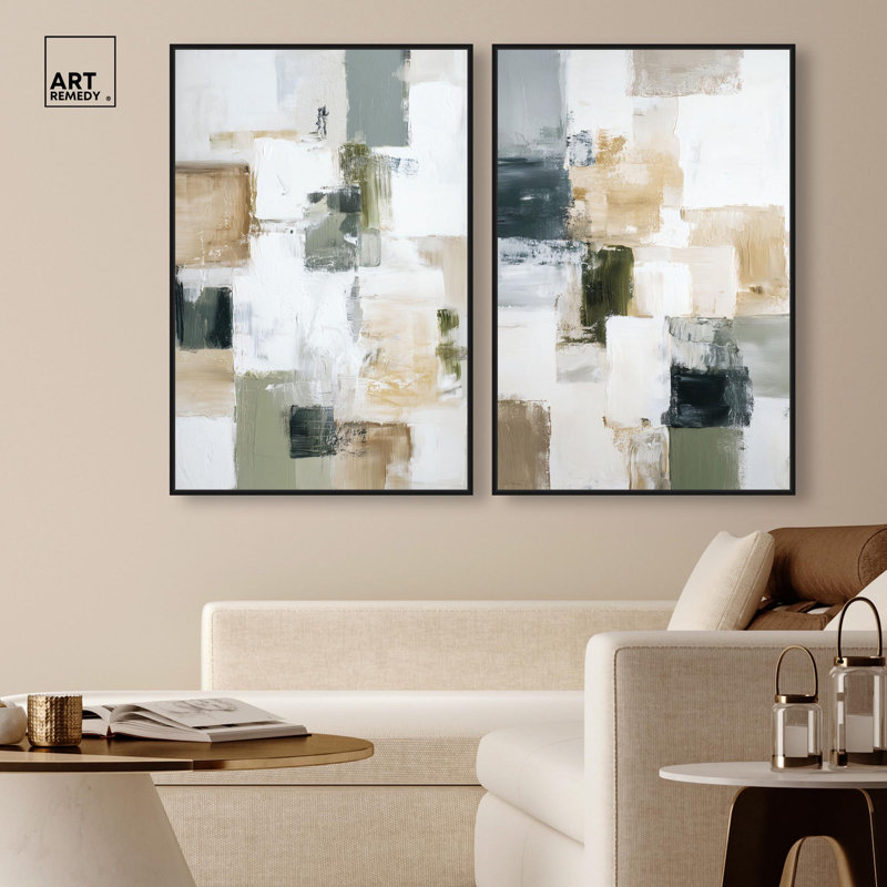 Ensemble de décorations murales abstraites sur toile « Deep Grey and Cream » par Art Remedy, cadre noir, 10 x 15, Black Frame