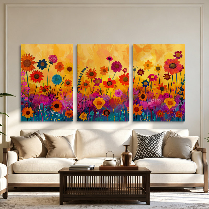 Ensemble de 3 toiles décoratives bohèmes « Prairie de fleurs sauvages » pour salon, 40 x 90 cm (16 x 36 pouces).