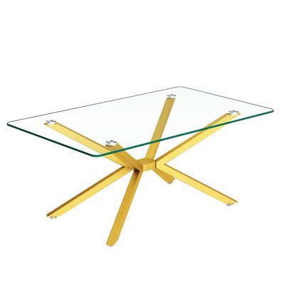 Table rectangulaire en verre trempé transparent de 39,15 po avec pieds en métal doré, style contemporain pour la décoration intérieure, chambres d'amis élégantes et fonctionnelles à assemblage rapide, balance réglable