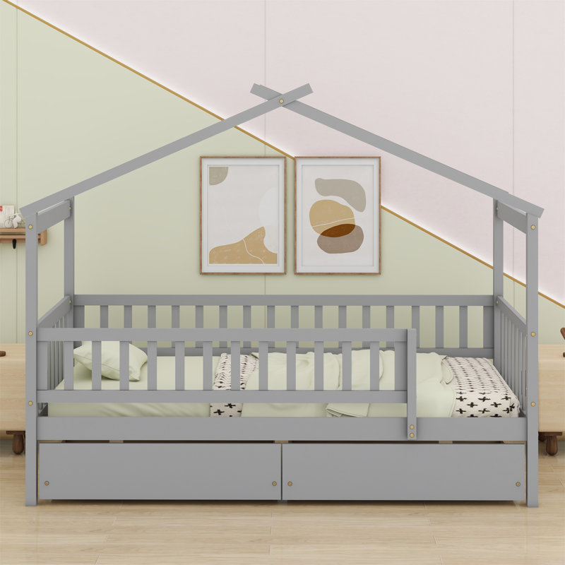 Lit en bois avec deux tiroirs, Grey