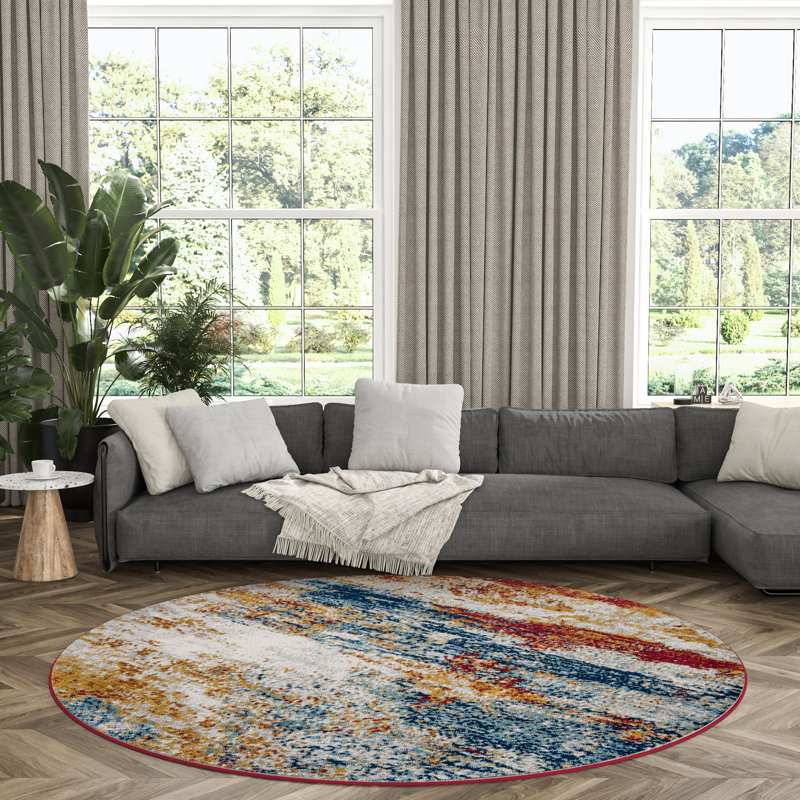 Tapis d'intérieur abstrait rouge / bleu / doré, Rond 7 pi 10 po