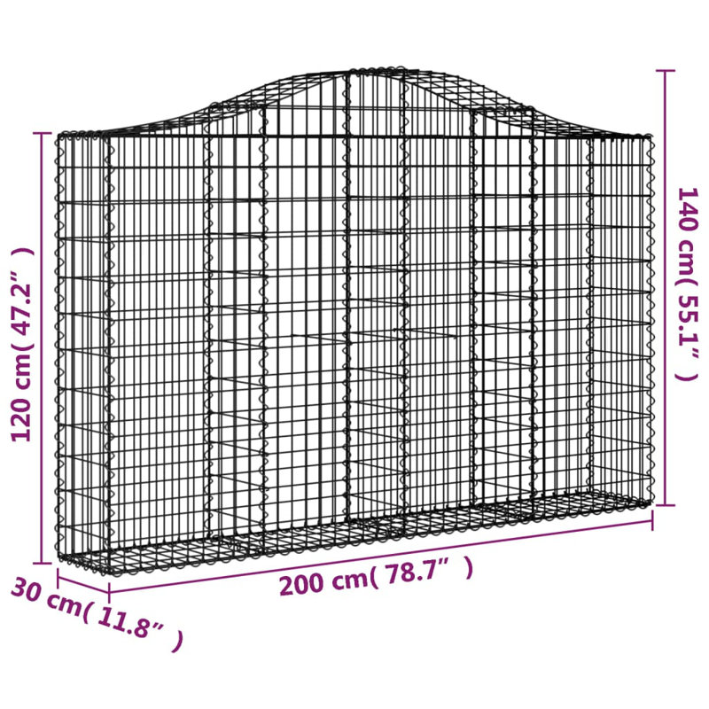 Arched Gabion Basket Galvanised Iron, 140cm H x 200cm W x 30cm D