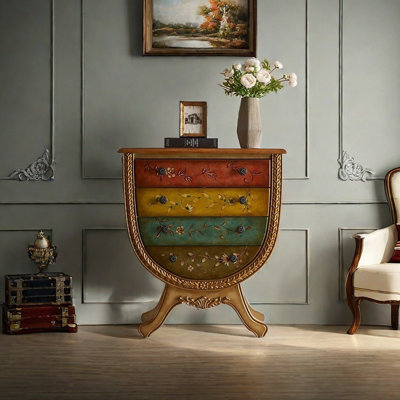 Hand-painted 4-Drawer Cabinet with Carved Design