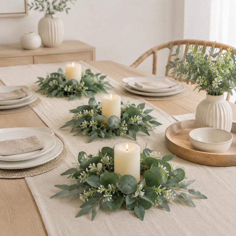 3 pièces d'anneaux de bougie d'eucalyptus artificiel vert avec couronnes et mini armoires de cuisine d'été avec centre de table et fleurs blanches