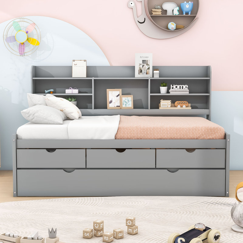 Amande Twin Wooden Captain Bed with Bookcase Headboard, Three Storage Drawers and Twin Trundle, Light Gray