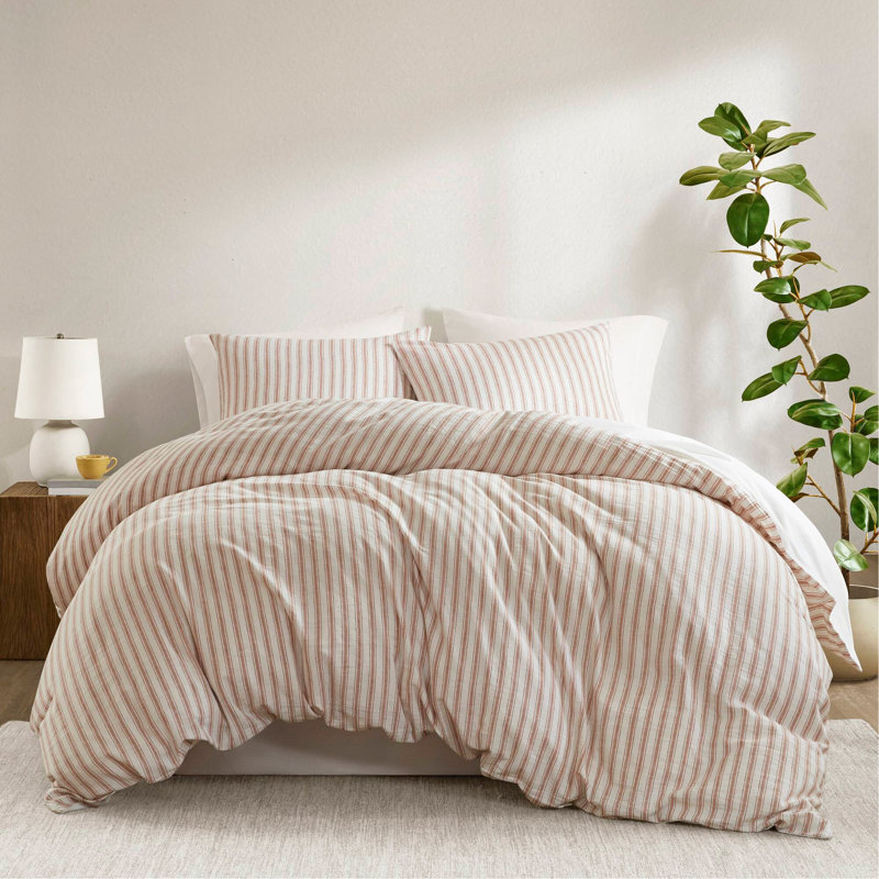 Ensemble de couette pour lit très grand 3 pièces terre cuite, King Duvet Cover + 2 Additional Pieces, Terracotta Striped